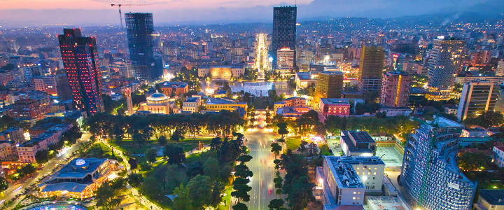 aerial view of tirana at sunset